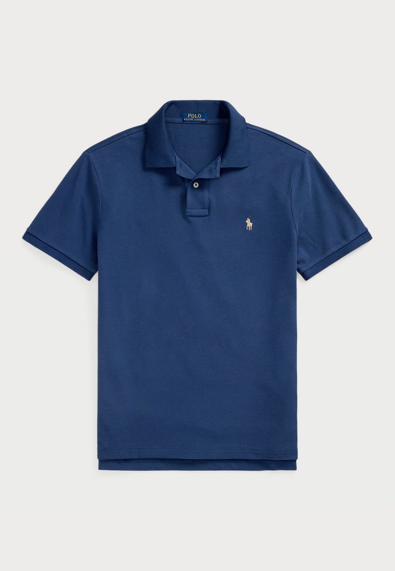 Navy polo shirt van katoen, voorzien van een drie-knops sluiting, korte mouwen en een klein geborduurd logo op de borst.
