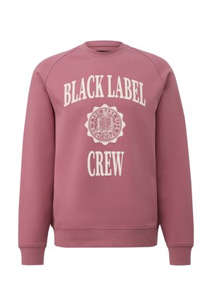 Rosa Sweatshirt mit Rundhalsausschnitt, weißem "BLACK LABEL" Schriftzug und Siegelgrafik. Verfügt über gerippte Bündchen und Saum, gefertigt aus weichem Baumwollmischgewebe.