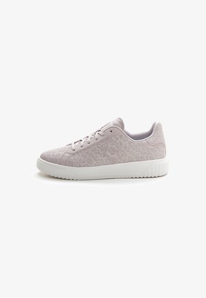 Light pink sneaker featuring a subtle leopard print pattern, white rubber sole, lace-up design, and cushioned ankle support.