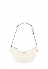 Borsa a tracolla bianca trapuntata a forma di mezzaluna, con una catena argentata e chiusura con zip. Design minimalista con un sottile accento del logo.
