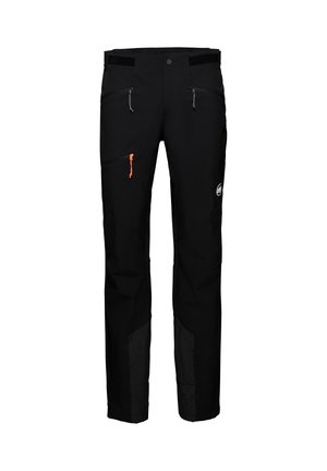 Schwarze Outdoor-Hosen aus strapazierfähigem Material, mit Reißverschlusstaschen, orangen Akzenten und strukturierten schwarzen Einsätzen an den unteren Beinen.
