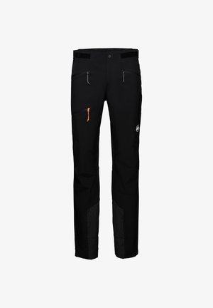 Pantaloni da esterno neri realizzati in materiale resistente, con tasche con cerniera, dettagli arancioni e pannelli neri testurizzati sulle gambe inferiori.