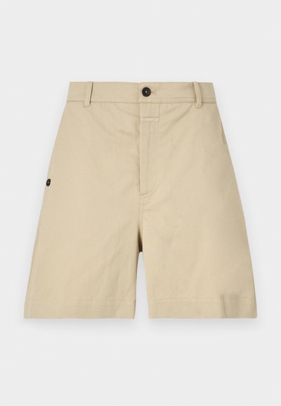 Beige bomullshorts med vanlig passform, knappelukking, sidelommer og subtile sømdetaljer. Glatt tekstur og kne-lengde design.