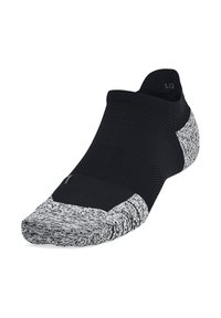 Schwarzer Sportsocken mit strukturiertem, atmungsaktivem Material. Verfügt über einen grau-weiß gemusterten Zehenbereich für erhöhte Haltbarkeit und Stil.