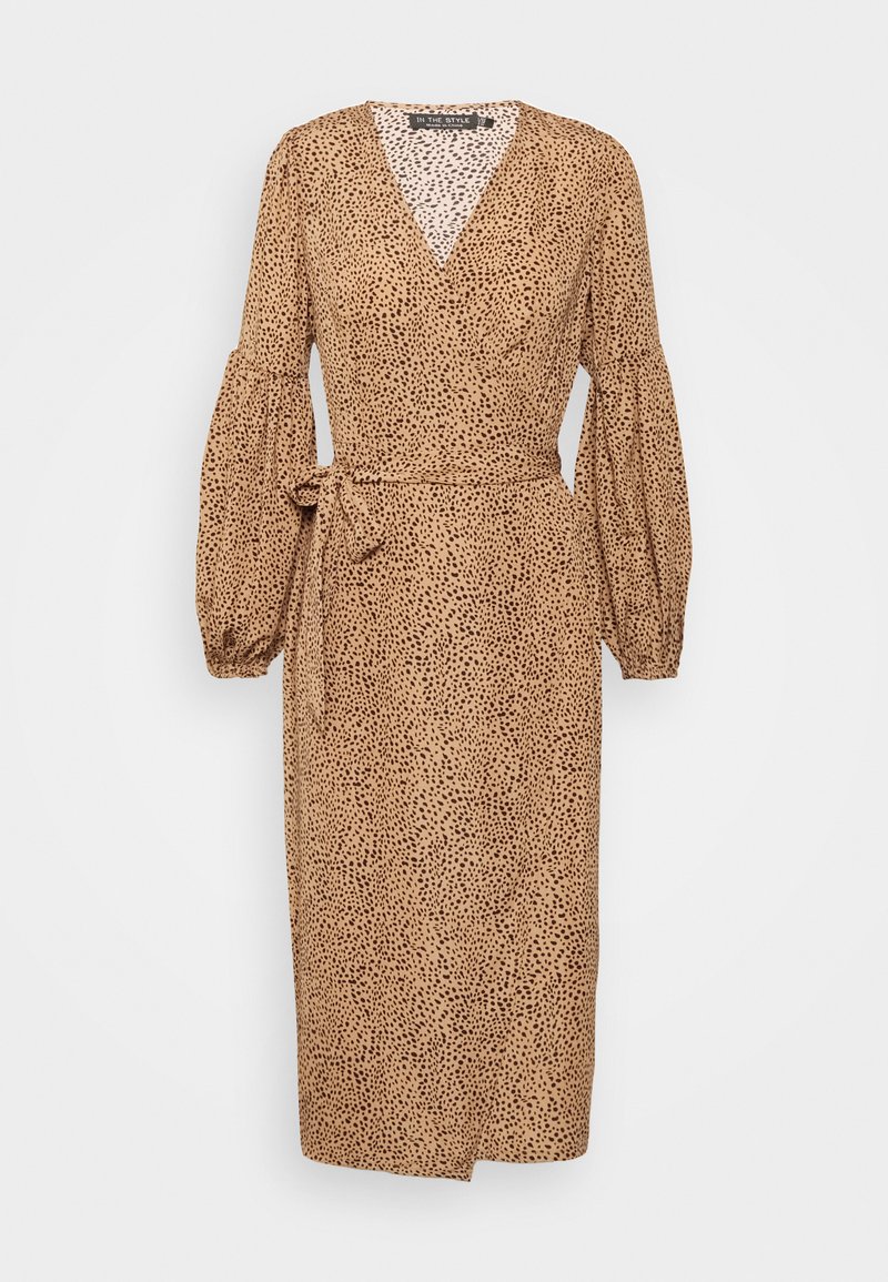 Vestido castanho envolvente com um padrão de estampado de leopardo, apresentando mangas longas tipo balão, decote em V e cintura amarrada. Feito de um tecido leve.