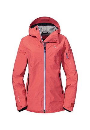 Pink waterproof jacket with a fitted design, adjustable hood, zippered pockets, and contrasting blue zippers. Made from GORE-TEX material.