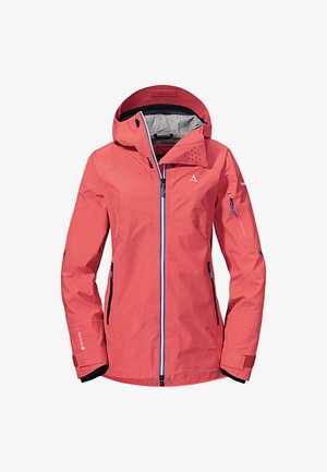 Chaqueta impermeable rosa con un diseño ajustado, capucha ajustable, bolsillos con cremallera y cremalleras azules en contraste. Fabricada con material GORE-TEX.