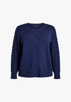 Navy blue knitted cardigan with a round neckline, front button closure, and cable-knit pattern on sleeves. Soft texture with ribbed cuffs.