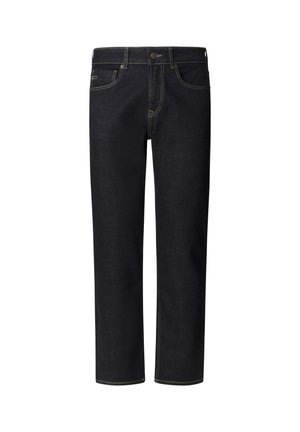 Schwarze Jeans mit geradem Bein, Gürtelschlaufen, Vorderknopf, Reißverschluss und fünf Taschen.