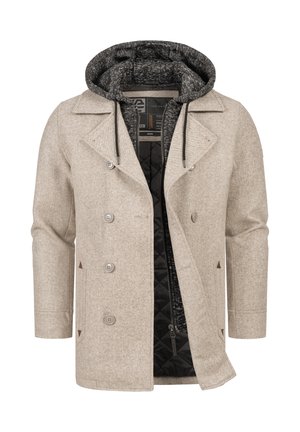 Beige uldblandet frakke med dobbeltradet design, med en sort quiltet inderlomme og en aftagelig grå hætte.