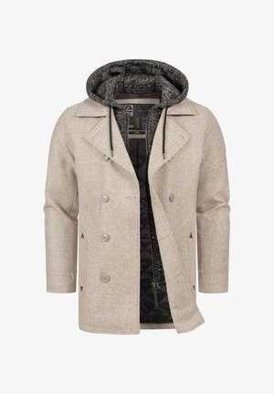 Beige kåpe i ullblanding med dobbelspent design, som har et svart quiltet innerlag og en avtakbar grå hette.