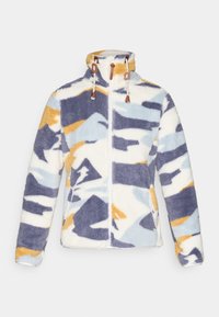 Fleece jack met een hoge kraag, rits aan de voorkant en een koord. Heeft een multkleurig camouflagepatroon in blauwe, witte en oranje tinten.