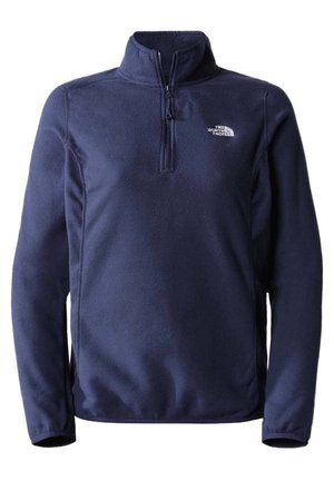 Marineblauer Fleecepullover mit Viertel-Reißverschluss vorne und The North Face Logo auf der linken Brust, langen Ärmeln und hohem Kragen.