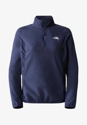 Granatowy polar z suwakiem do ćwierci długości z przodu i logo The North Face na lewej piersi, z długimi rękawami i wysokim kołnierzem.