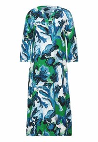 Maxikleid mit floralem Muster in grün, blau und weiß, mit V-Ausschnitt und drei Viertelärmeln. Weicher, leichter Stoff.