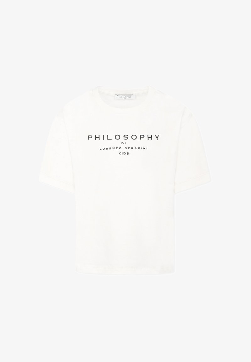 T-shirt bianca in cotone con maniche corte e scollo rotondo. La parte anteriore presenta la scritta nera: "PHILOSOPHY DI LORENZO SERAFINI KIDS."