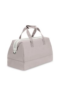 Graue Duffel-Tasche mit weißem Reißverschluss, rechteckiger Form und zwei Stoffgriffen. Glatte Textur, robuste Konstruktion und minimalistisches Design.