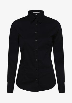 Schwarze Hemdjacke mit langen Ärmeln, Kragen und Knöpfen an der Vorderseite. Hergestellt aus glattem Stoff mit taillierter Passform und abgerundetem Saum.