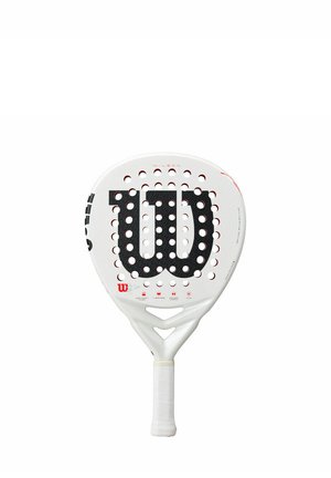 Wilson-Paddle mit einem weißen Körper und einem schwarzen Logo. Runde Perforationen auf der Fläche, strukturierter Griff und dreieckige Aussparungen in der Nähe des Halses.