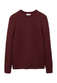 Burgundy knitted sweater with a crew neck, long sleeves, and ribbed cuffs and hem. Made from a textured, soft material.