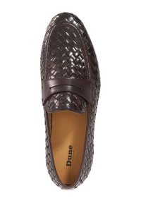 Dark brown woven leather loafers with a rounded toe and a padded leather band across the instep. Smooth inside with a branded insole.