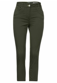 Mörkgröna slim-fit byxor med knapp- och dragkedjestängning, framfickor och bältesslingor, visade mot en vit bakgrund.