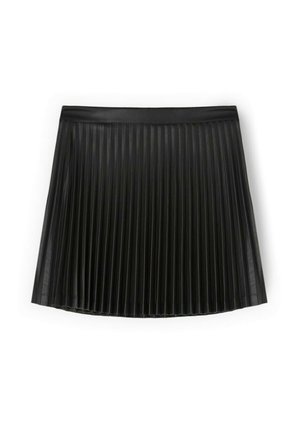 Czarna plisowana spódnica wykonana z materiału syntetycznego. Charakteryzuje się ostrymi, równomiernymi plisami, gładką fakturą oraz szerokim, jednolitym paskiem w talii.