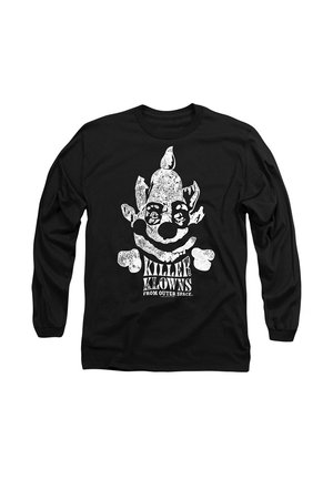 Schwarzes Langarmshirt mit einem weißen Grafikdruck eines Clowns mit dem Text "KILLER KLOWNS FROM OUTER SPACE" darunter in einem abgenutzten Schriftzug.