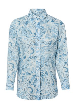 Chemise à manches longues boutonnée avec col, présentant un motif paisley et floral bleu clair et blanc.