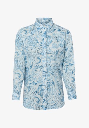 Overhemd met lange mouwen, knopen en kraag, met een lichtblauw en wit paisley- en bloemenpatroon.