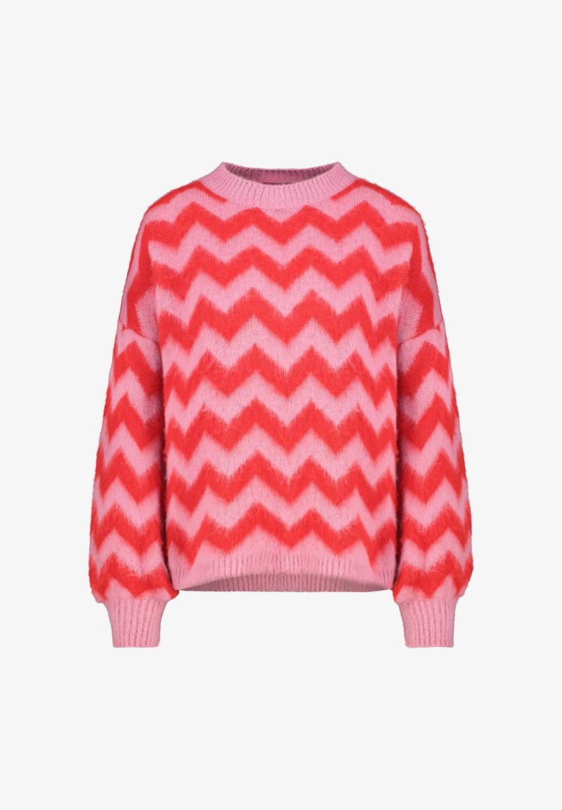 Flauschiger rosa und roter Pullover mit Zickzackmuster, rundem Halsauschnitt und gerippten Bündchen. Hergestellt aus weichem, texturiertem Stoff.