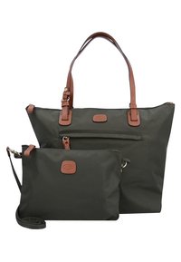 Borsa a spalla in nylon verde scuro con dettagli in pelle marrone e due maniglie; include una pochette più piccola coordinata con zip e tracolla.