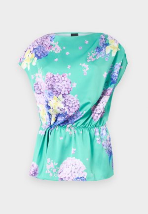 Floral top in turquoise fabric with a loose fit, featuring purple and yellow flower patterns, gathered waist, and cap sleeves.