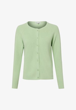 Hellgrüne Strickjacke mit langen Ärmeln und rundem Ausschnitt, ausgestattet mit einer vorderen Knopfleiste mit sieben Knöpfen.