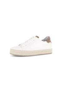 Witte sneaker met een gestructureerde zool, featuring een geweven jute plateau en een luipaardprint accent op de hiel, glad leren bovenwerk en veters.