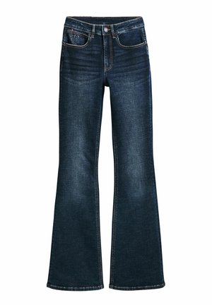 Jeans a zampa d'elefante di colore blu scuro, realizzati in denim, con un design a cinque tasche, cuciture in contrasto e chiusura con bottone in vita.