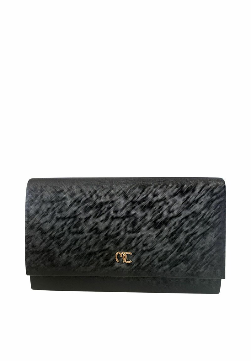 Portafoglio nero con texture, finitura liscia, accento logo dorato al centro e forma rettangolare elegante. Design compatto e minimale.