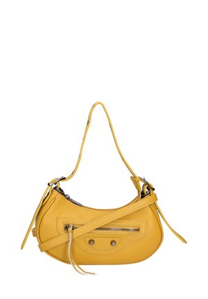 Small yellow leather handbag with a curved shape, featuring a front zipper pocket and an adjustable shoulder strap. Smooth texture.