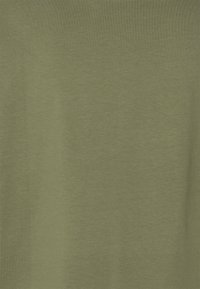 Bomuld t-shirt i en ensfarvet olivengrøn farve med en blød, glat tekstur og runde halsudskæring. Ingen bemærkelsesværdige mønstre eller detaljer.