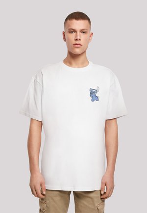 White cotton t-shirt with a relaxed fit, featuring a blue cartoon character embroidered on the left chest area. Simple design, short sleeves.