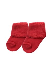 Rote Babysocken aus einem weichen Material, mit einem gerippten Bund oben und einer abgerundeten Zehenpartie. Keine zusätzlichen Muster oder Verzierungen.