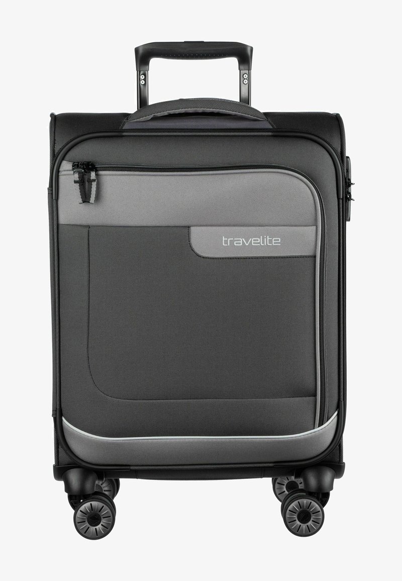 Black wheeled suitcase with gray accents, textured fabric, front zippered pocket, retractable handle, and four swivel wheels for mobility.