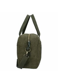Olivengrøn kordfløjs duffel taske med to håndtag, top lynlås og aftagelig skulderrem med metallås.