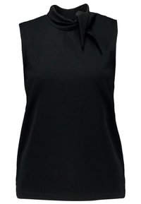 Haut noir sans manches avec un col montant drapé et un détail de nœud à l'avant. Confectionné dans un tissu lisse et léger avec une coupe décontractée.