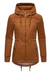 Rudas zip-up striukė su kapišonu, su raišteliais, dviem kišenėmis ir raštuotais rankogaliais. Viduje išklota raštuota medžiaga, suteikianti papildomą šilumą.