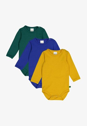 Tři body s dlouhým rukávem v tmavě zelené, královsky modré a jasně žluté barvě. Vyrobené z jemné tkaniny, se zapínáním na patentky na rameni a v dolní části.