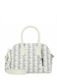 Sac à main blanc avec des motifs géométriques noirs, deux poignées supérieures, une bandoulière amovible et une poche zippée avec des détails de marque.