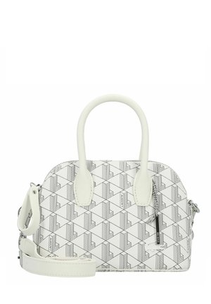 White handbag featuring geometric black patterns, two top handles, a detachable strap, and a zippered pocket with branding detail.