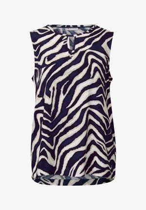 Sleeveless blouse featuring a navy and cream zebra stripe pattern, lightweight fabric, V-neckline, and a slightly curved hem.
