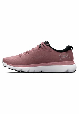 Pink athletic shoe with a breathable mesh upper, black accents, white midsole, and textured sole for traction. Features lacing system.